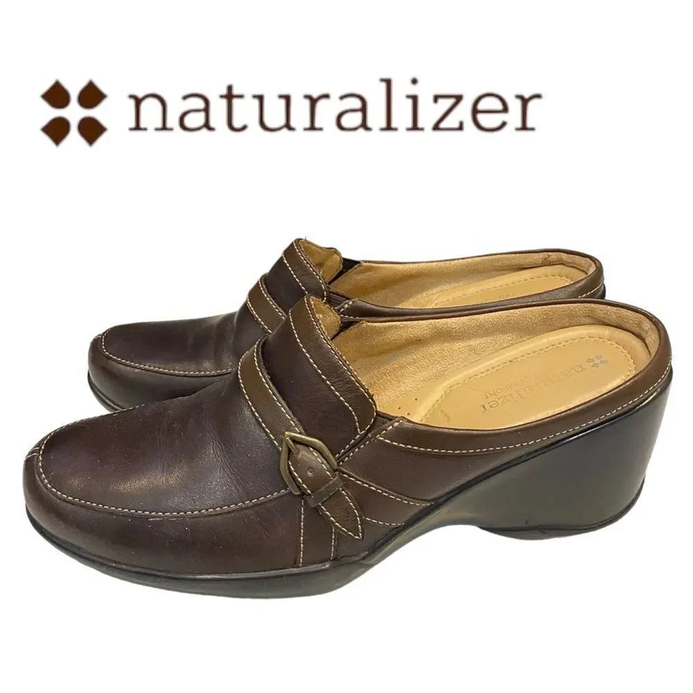 Naturalizer Larue Women's Brown Leather Buckle Slide Clogs Mules 9